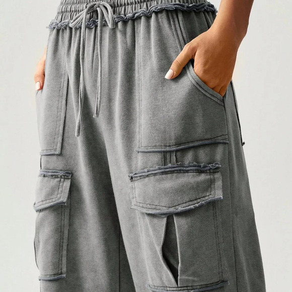 Dark Grey Casual Women's Vacation Knitted Pleated Pocket Palazzo Pants - Picture 5 of 7